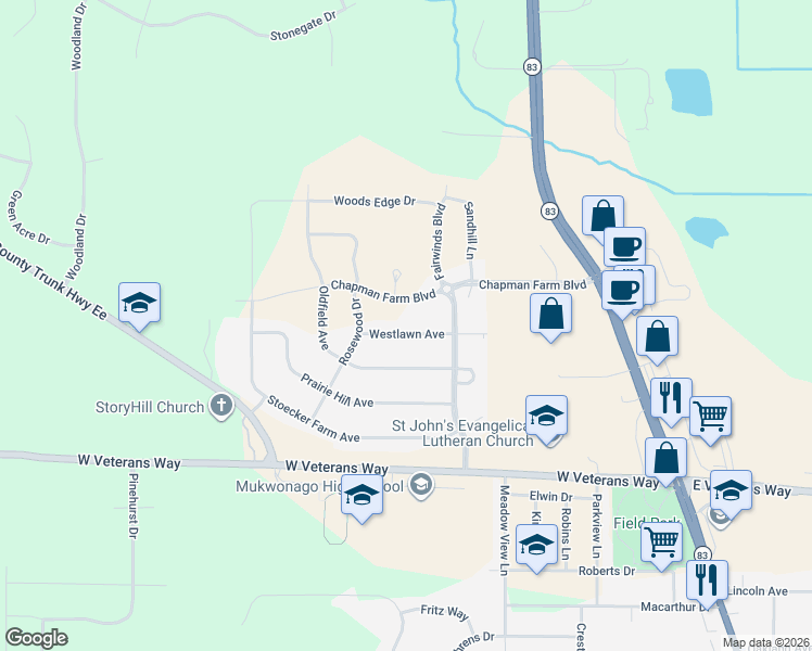 map of restaurants, bars, coffee shops, grocery stores, and more near 628 Westlawn Avenue in Mukwonago