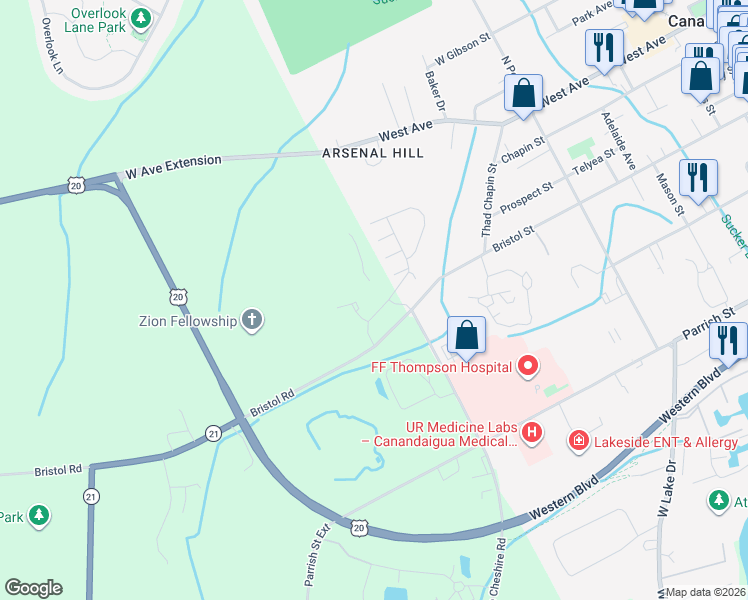 map of restaurants, bars, coffee shops, grocery stores, and more near 9000 Hammocks Drive in Canandaigua