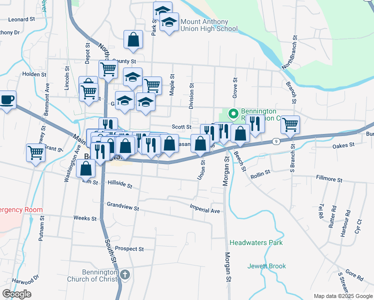 map of restaurants, bars, coffee shops, grocery stores, and more near 650 Main Street in Bennington