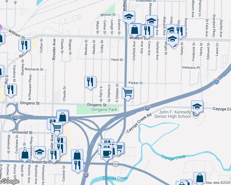 map of restaurants, bars, coffee shops, grocery stores, and more near 57 South Glidden Street in Buffalo