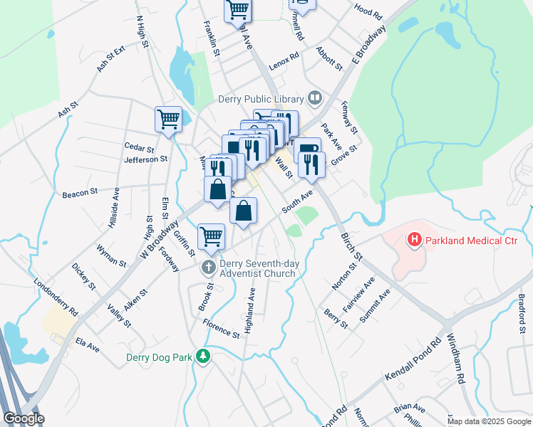map of restaurants, bars, coffee shops, grocery stores, and more near 15 South Avenue in Derry