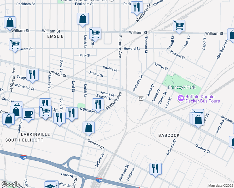 map of restaurants, bars, coffee shops, grocery stores, and more near 931 Clinton Street in Buffalo