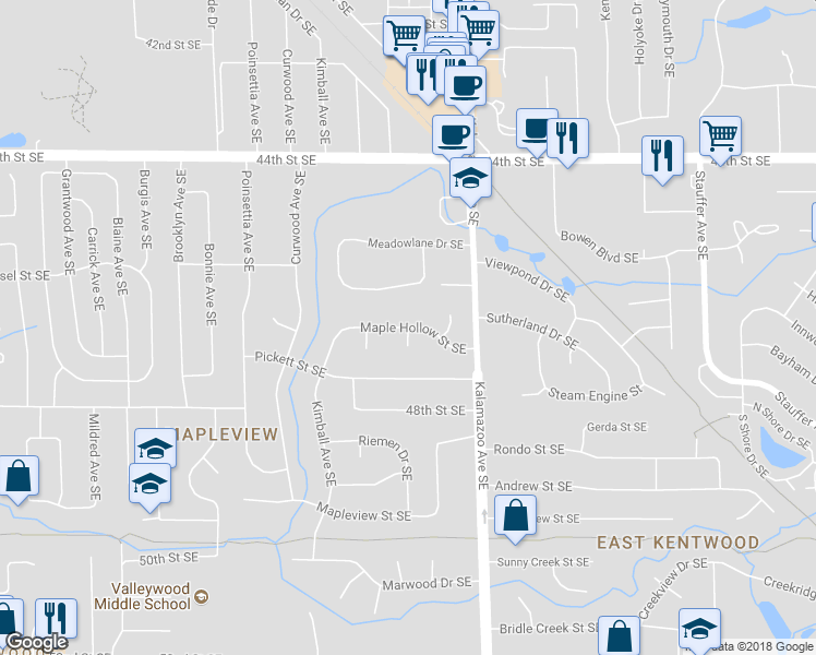 map of restaurants, bars, coffee shops, grocery stores, and more near 1468 Maplehollow Street Southeast in Kentwood