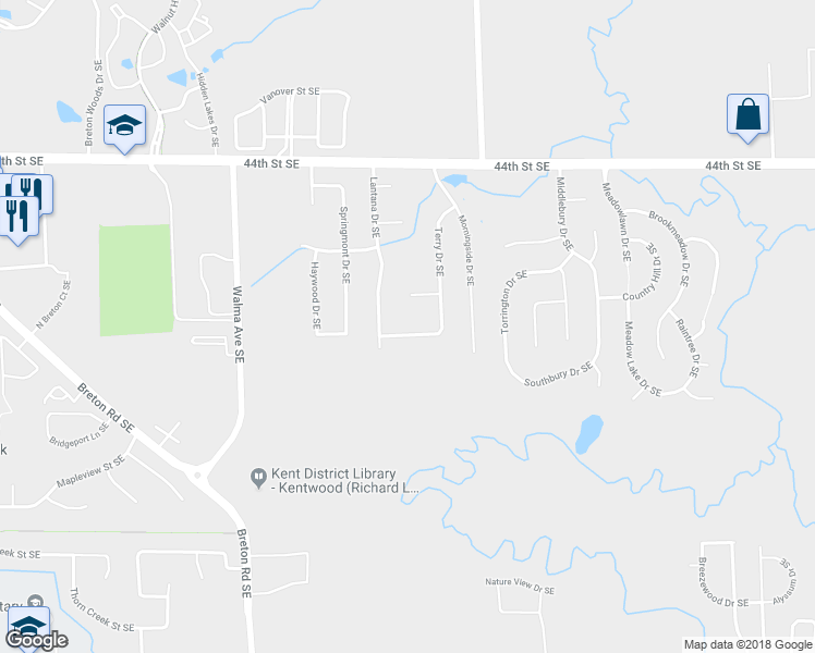 map of restaurants, bars, coffee shops, grocery stores, and more near 3071 Windy Wood Street Southeast in Kentwood