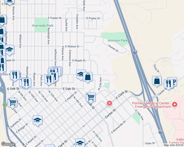 map of restaurants, bars, coffee shops, grocery stores, and more near 206 Sorenson Avenue in Pocatello