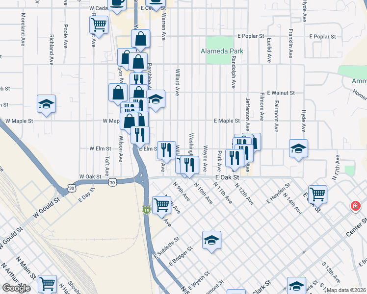 map of restaurants, bars, coffee shops, grocery stores, and more near 428 East Elm Street in Pocatello