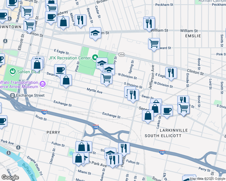 map of restaurants, bars, coffee shops, grocery stores, and more near 437 Swan Street in Buffalo