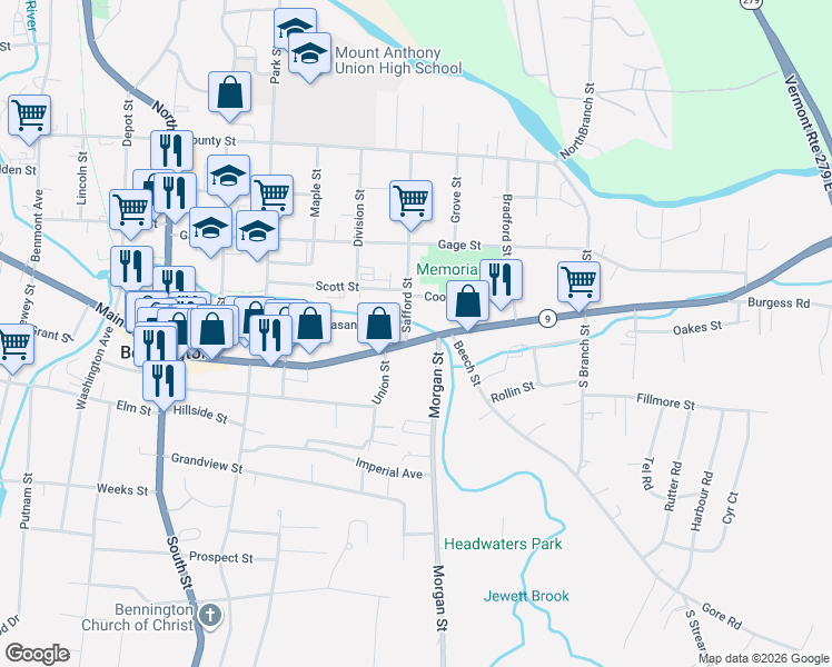 map of restaurants, bars, coffee shops, grocery stores, and more near 104 Safford Street in Bennington