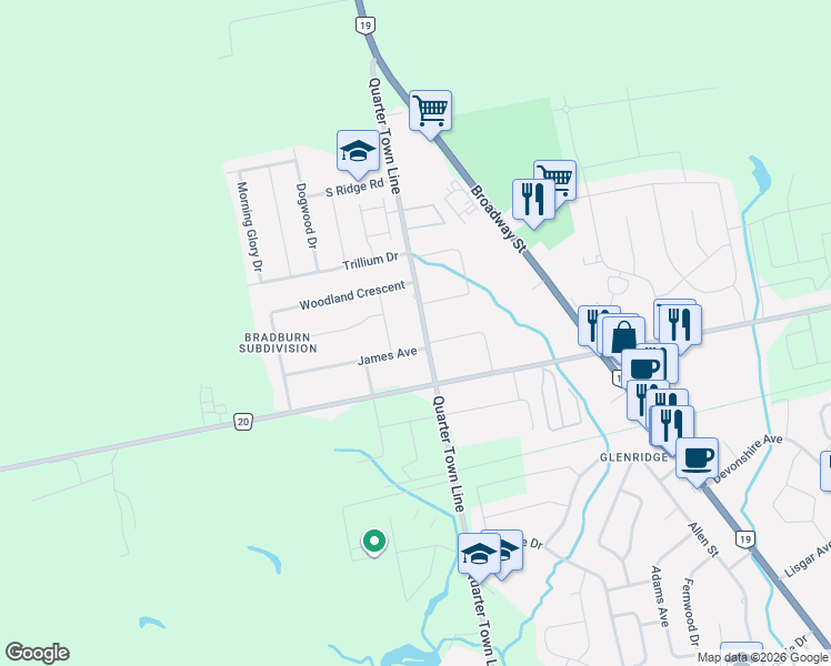 map of restaurants, bars, coffee shops, grocery stores, and more near 309 Quarter Town Line in Tillsonburg