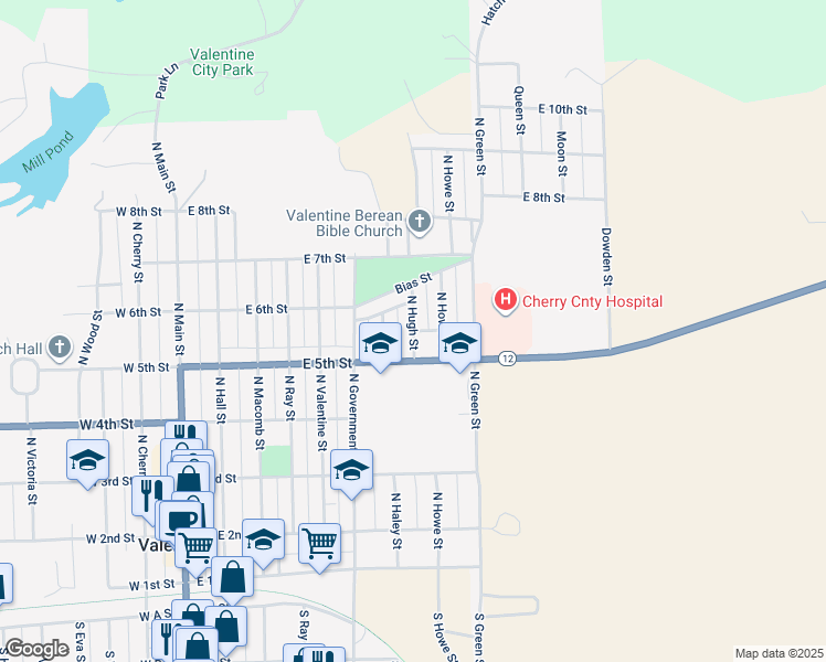 map of restaurants, bars, coffee shops, grocery stores, and more near 539 North Hugh Street in Valentine