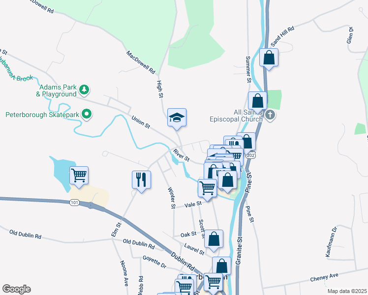 map of restaurants, bars, coffee shops, grocery stores, and more near 1 Vine Street in Peterborough