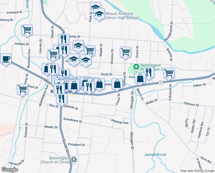 map of restaurants, bars, coffee shops, grocery stores, and more near 315 Pleasant Street in Bennington