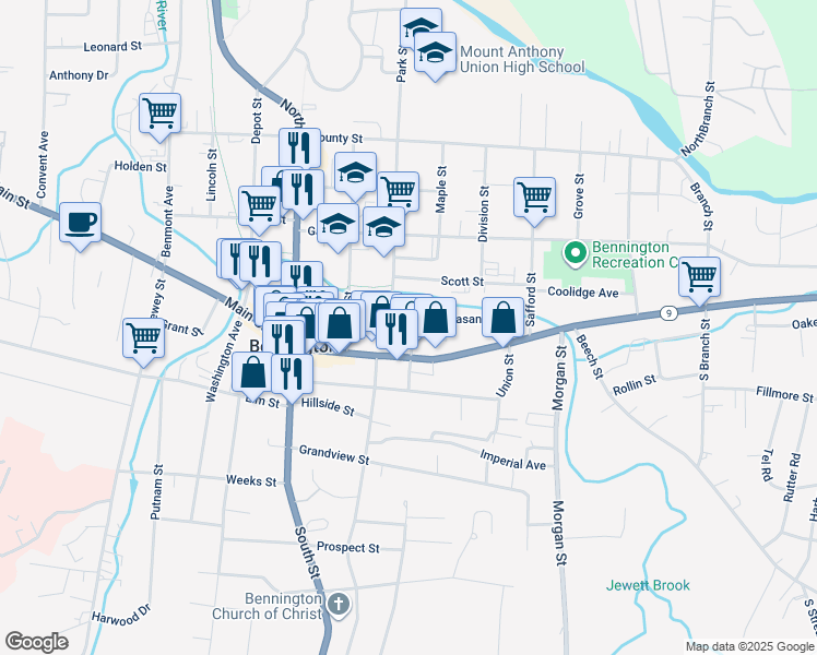 map of restaurants, bars, coffee shops, grocery stores, and more near 219 Pleasant Street in Bennington