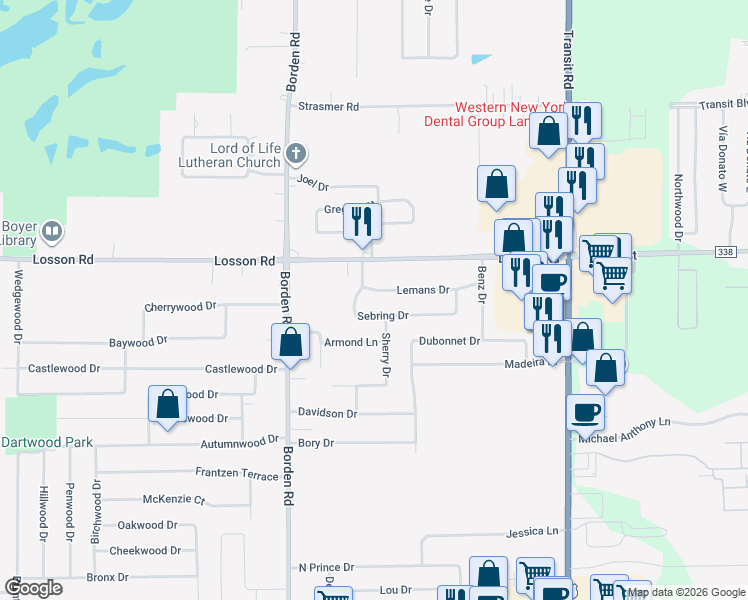 map of restaurants, bars, coffee shops, grocery stores, and more near 13 Lemans Drive in Depew