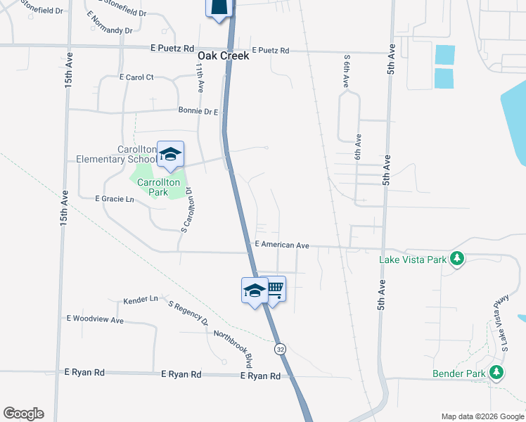 map of restaurants, bars, coffee shops, grocery stores, and more near 9077 South Chicago Court in Oak Creek