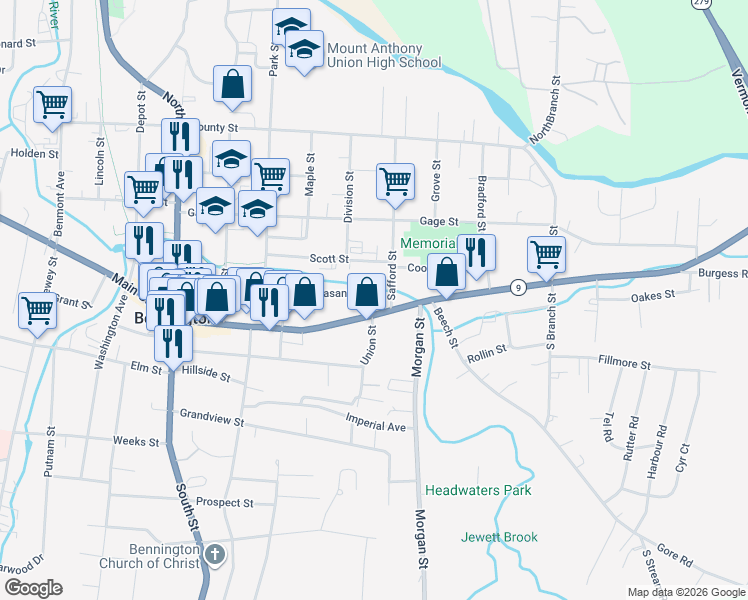 map of restaurants, bars, coffee shops, grocery stores, and more near 104 Safford Street in Bennington