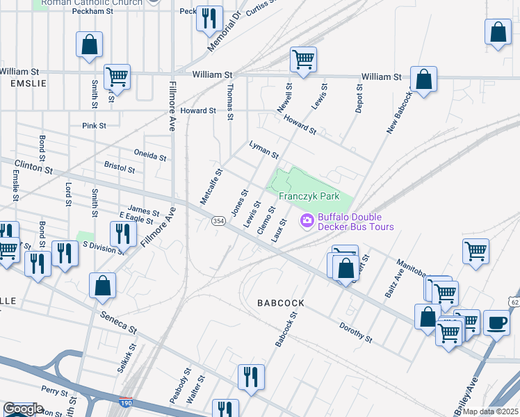 map of restaurants, bars, coffee shops, grocery stores, and more near 47 Lewis Street in Buffalo