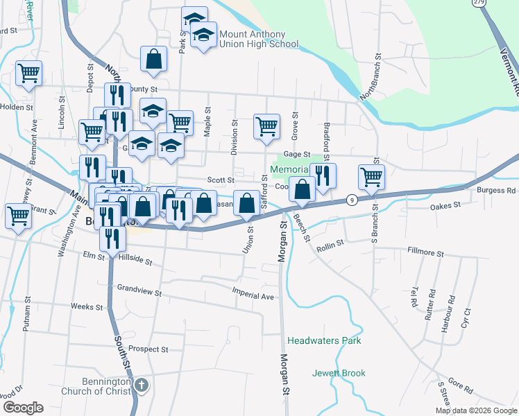 map of restaurants, bars, coffee shops, grocery stores, and more near 104 Safford Street in Bennington