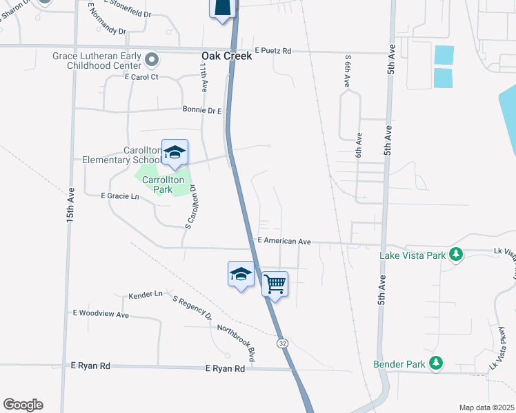 map of restaurants, bars, coffee shops, grocery stores, and more near 9077 South Chicago Court in Oak Creek