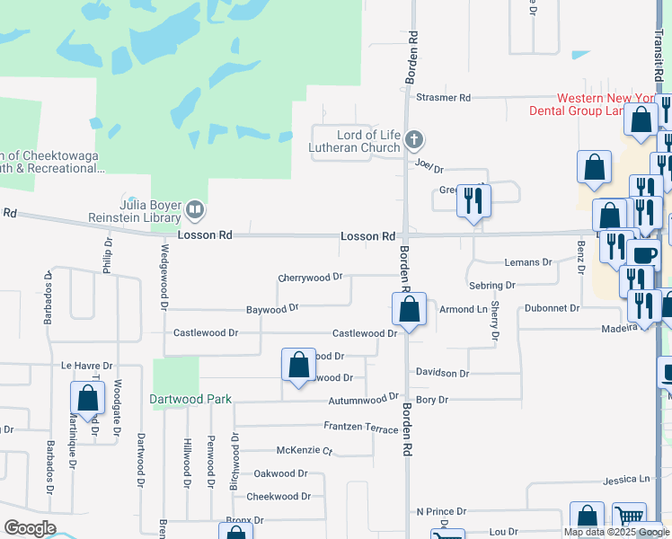 map of restaurants, bars, coffee shops, grocery stores, and more near 46 Cherrywood Drive in Cheektowaga