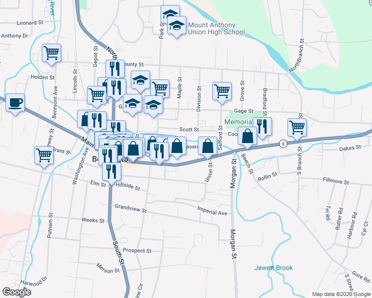map of restaurants, bars, coffee shops, grocery stores, and more near 315 Pleasant Street in Bennington