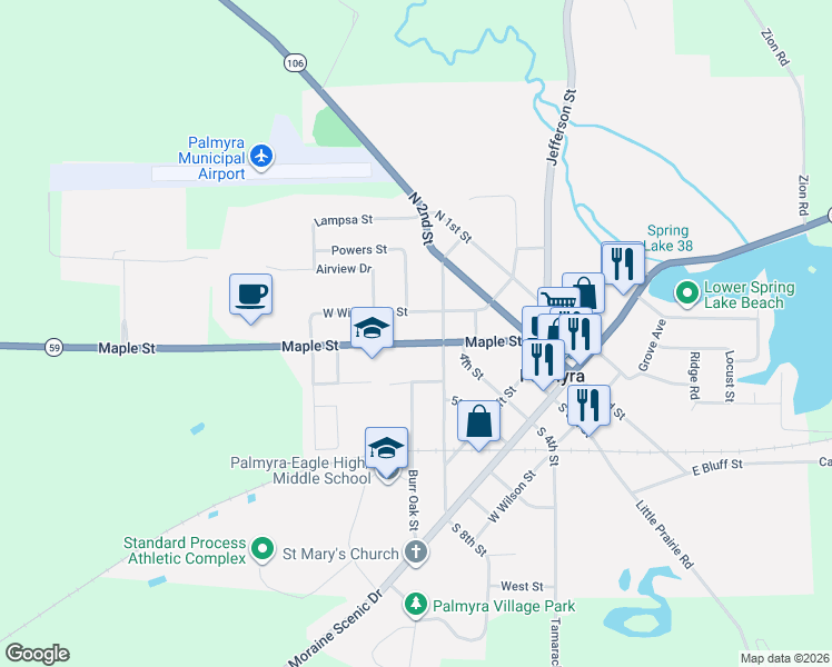 map of restaurants, bars, coffee shops, grocery stores, and more near 526 Maple Street in Palmyra