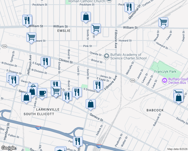 map of restaurants, bars, coffee shops, grocery stores, and more near 866 East Eagle Street in Buffalo