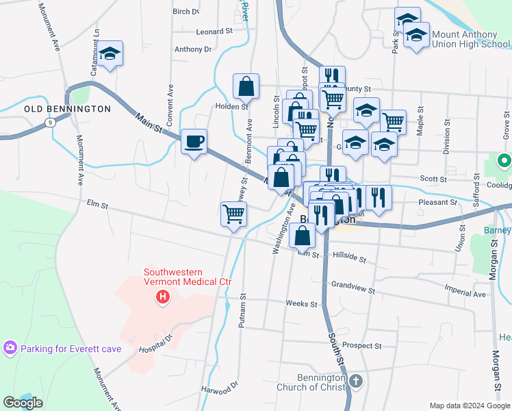 map of restaurants, bars, coffee shops, grocery stores, and more near 106 Grant Street in Bennington