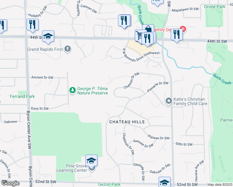 map of restaurants, bars, coffee shops, grocery stores, and more near 1930 Chateau Drive Southwest in Wyoming