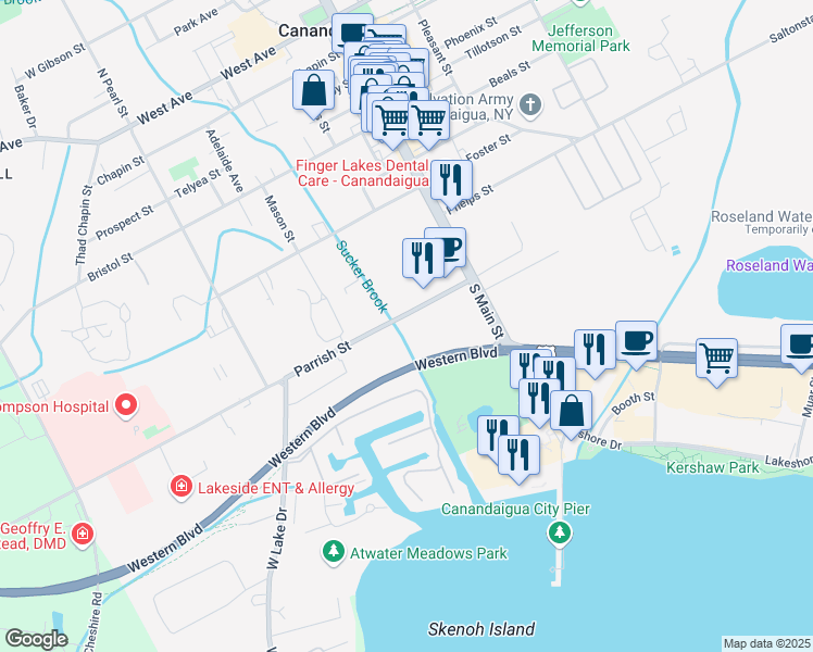 map of restaurants, bars, coffee shops, grocery stores, and more near 75 Parrish Street in Canandaigua
