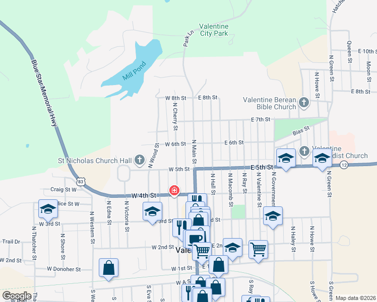 map of restaurants, bars, coffee shops, grocery stores, and more near 559 North Main Street in Valentine