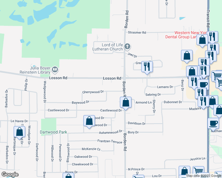 map of restaurants, bars, coffee shops, grocery stores, and more near 22 Cherrywood Drive in Buffalo