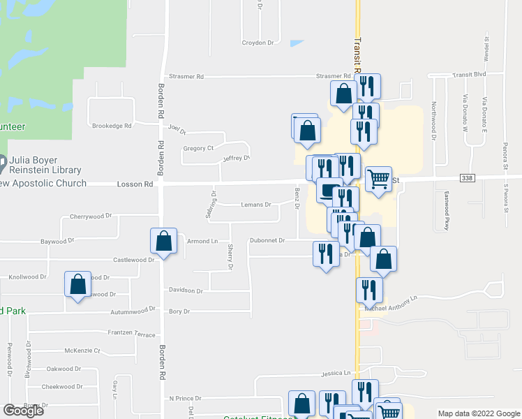 map of restaurants, bars, coffee shops, grocery stores, and more near 57 Lemans Drive in Depew