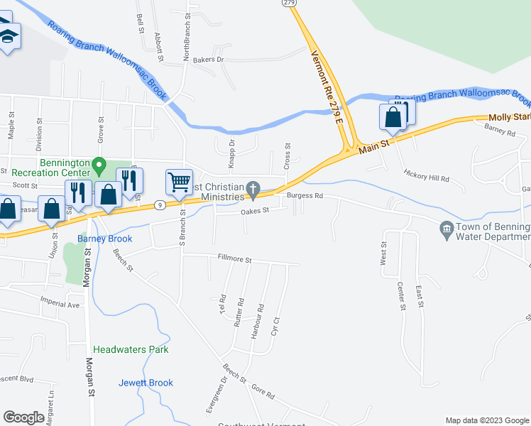 map of restaurants, bars, coffee shops, grocery stores, and more near 103 Oakes Street in Bennington