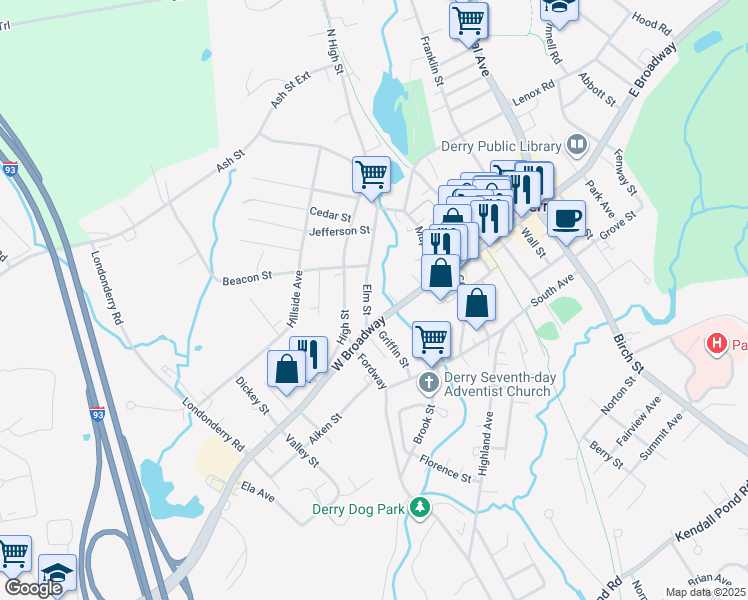 map of restaurants, bars, coffee shops, grocery stores, and more near 5 Elm Street in Derry