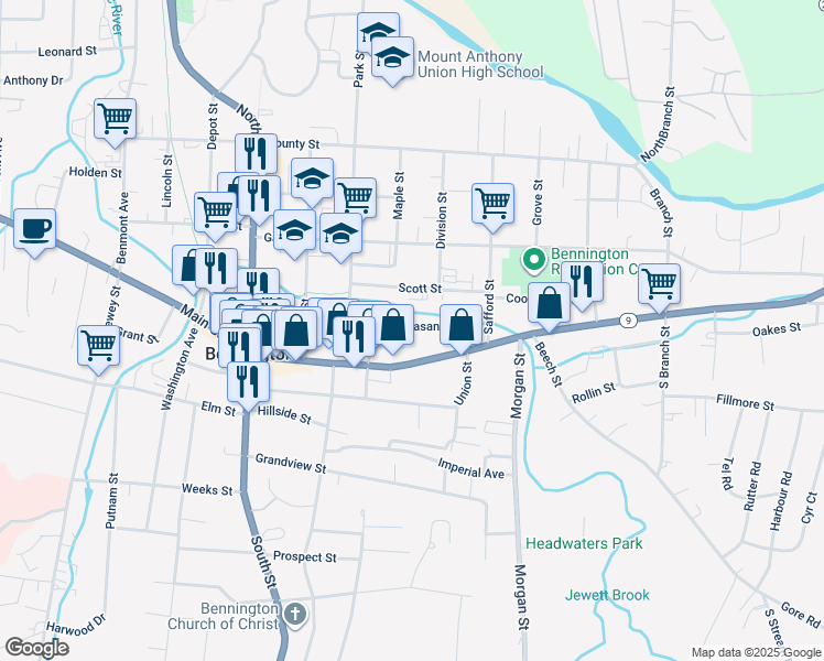 map of restaurants, bars, coffee shops, grocery stores, and more near 315 Pleasant Street in Bennington