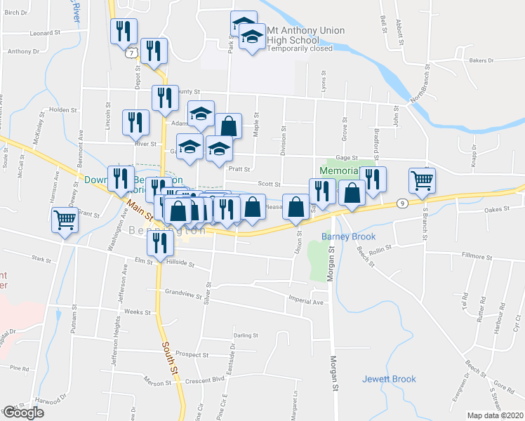 map of restaurants, bars, coffee shops, grocery stores, and more near 315 Pleasant Street in Bennington
