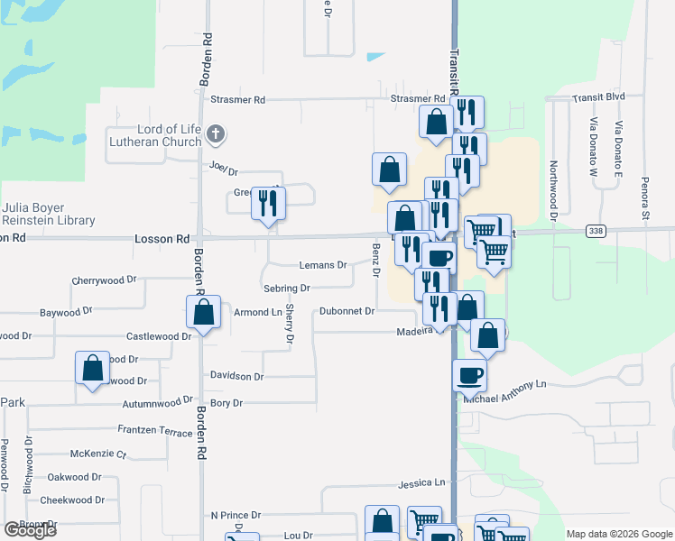 map of restaurants, bars, coffee shops, grocery stores, and more near 73 Lemans Drive in Depew
