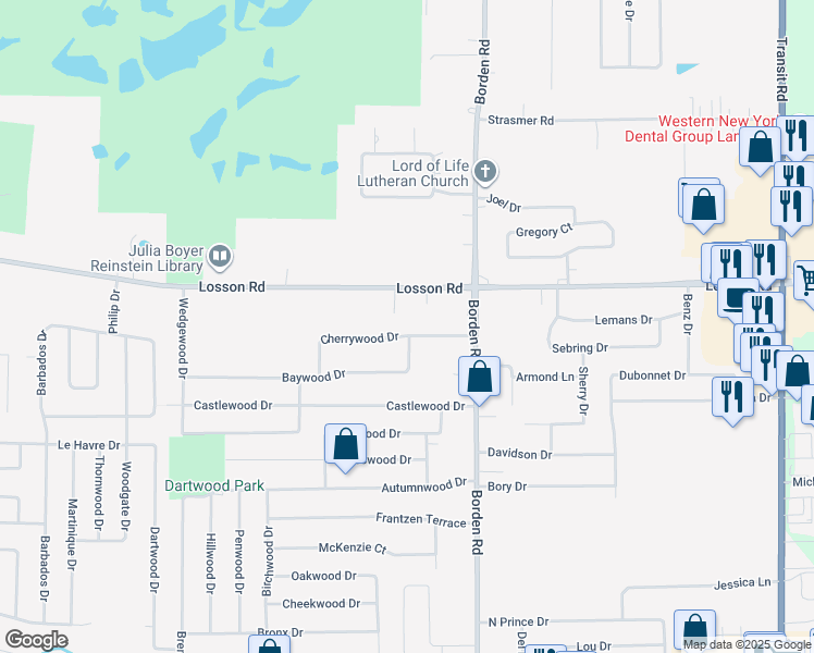 map of restaurants, bars, coffee shops, grocery stores, and more near 22 Cherrywood Drive in Buffalo