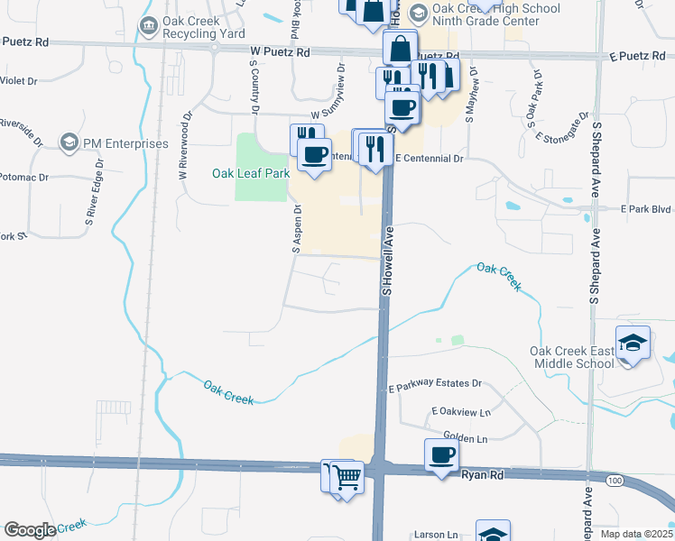 map of restaurants, bars, coffee shops, grocery stores, and more near 160 West Aspen Court in Oak Creek