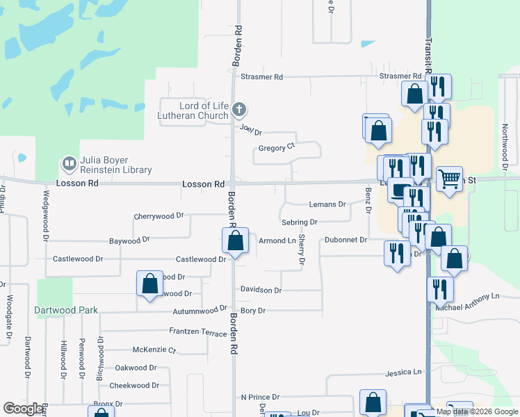 map of restaurants, bars, coffee shops, grocery stores, and more near 1363 Losson Road in Depew