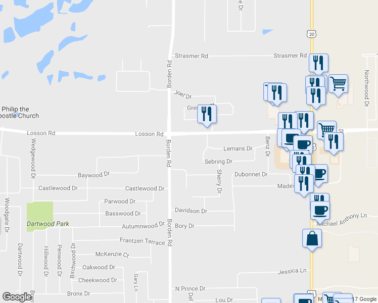 map of restaurants, bars, coffee shops, grocery stores, and more near 1363 Losson Road in Depew