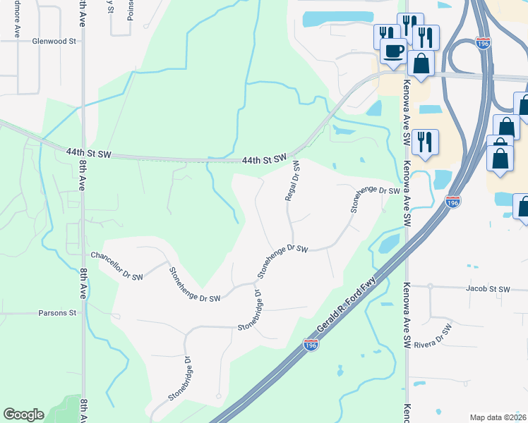 map of restaurants, bars, coffee shops, grocery stores, and more near 6042 Hillsborough Court in Grandville