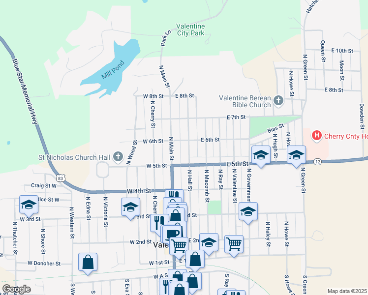 map of restaurants, bars, coffee shops, grocery stores, and more near 535-599 North Hall Street in Valentine