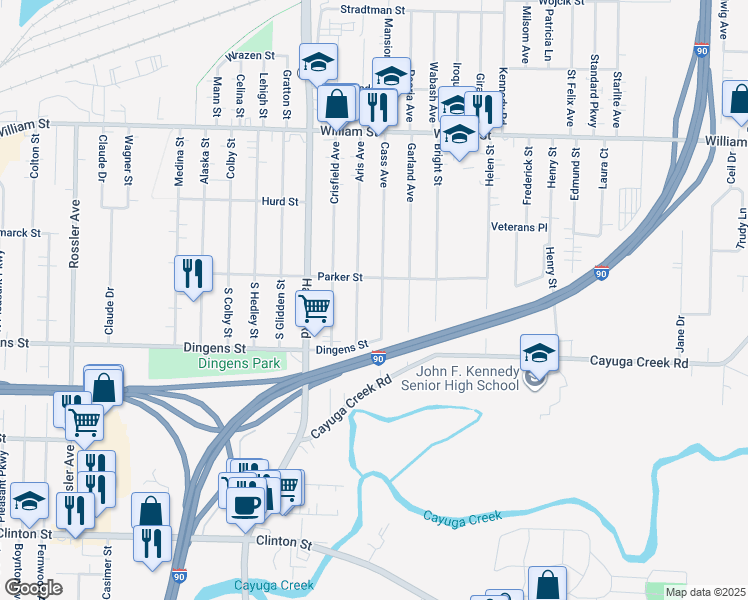 map of restaurants, bars, coffee shops, grocery stores, and more near 94 Cass Avenue in Buffalo