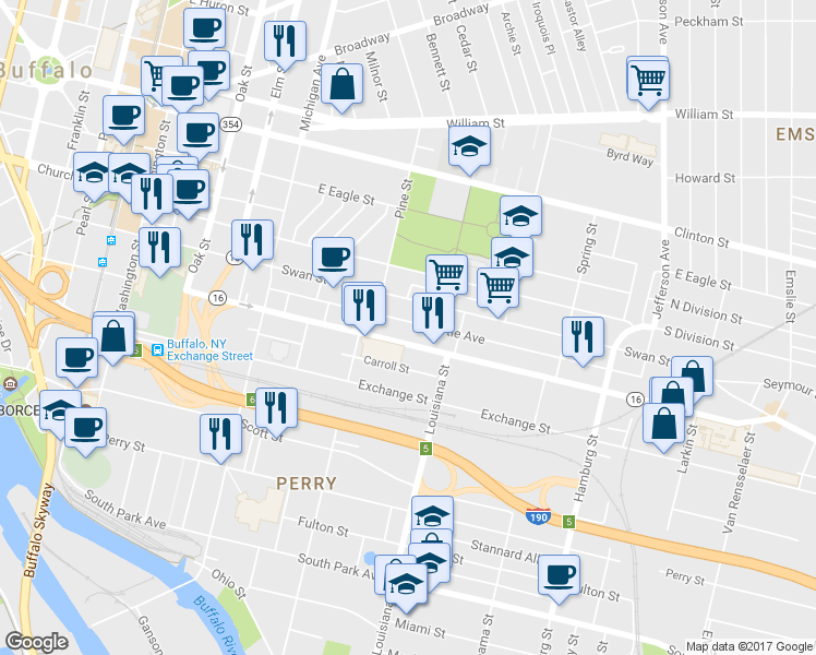 map of restaurants, bars, coffee shops, grocery stores, and more near 151 Myrtle Avenue in Buffalo