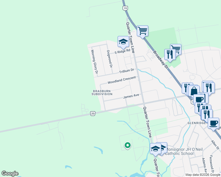 map of restaurants, bars, coffee shops, grocery stores, and more near 10 Woodside Drive in Tillsonburg