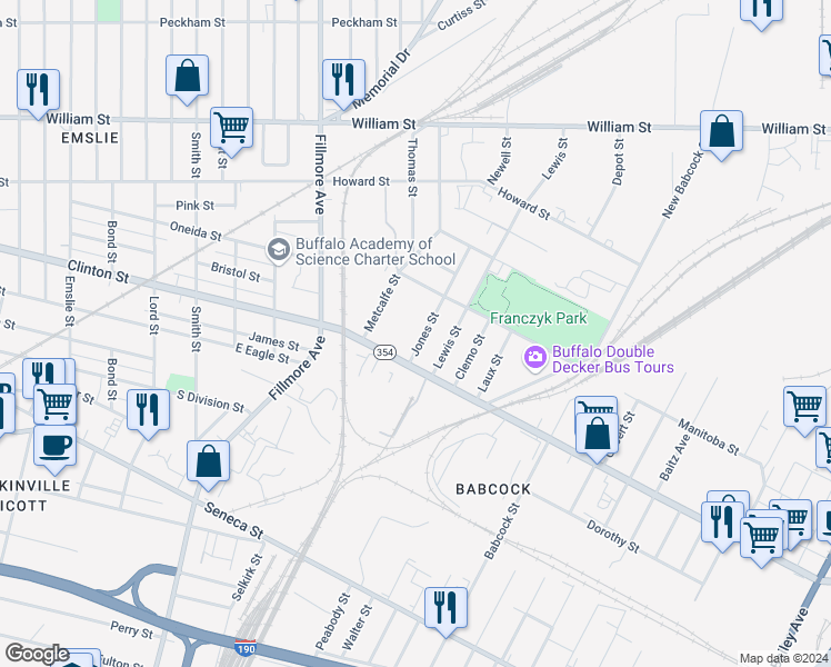 map of restaurants, bars, coffee shops, grocery stores, and more near 30 Jones Street in Buffalo