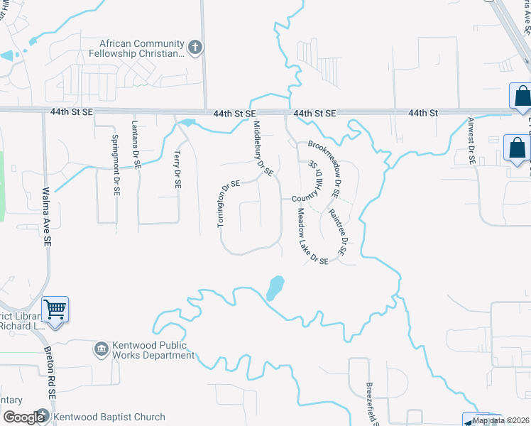 map of restaurants, bars, coffee shops, grocery stores, and more near 4651 Middlebury Drive Southeast in Kentwood