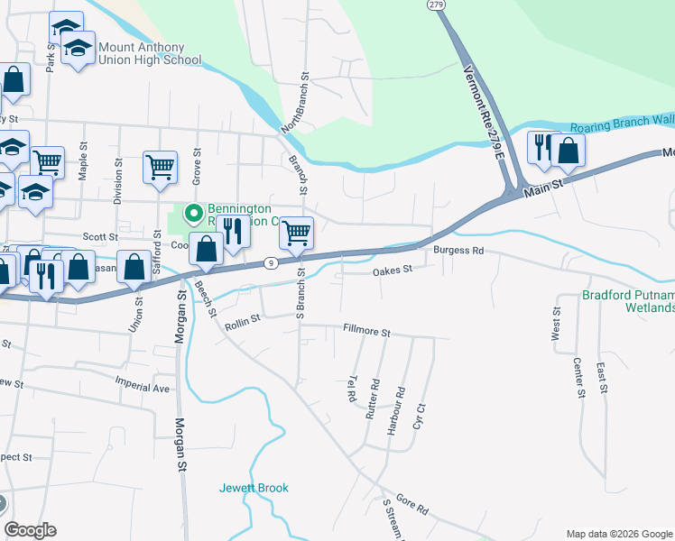map of restaurants, bars, coffee shops, grocery stores, and more near 3 Rockwood Street in Bennington